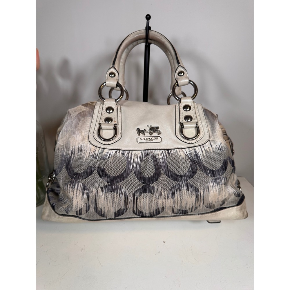Coach Madison Op Art Ikat Sabrina Satchel Bag Pearl/Blue/Silver 13584